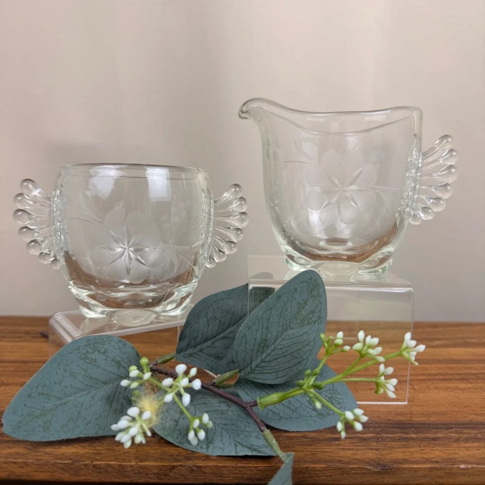 Paden City Gazebo Glass Creamer and Sugar Set Vintage Etched Floral Wing Handles
